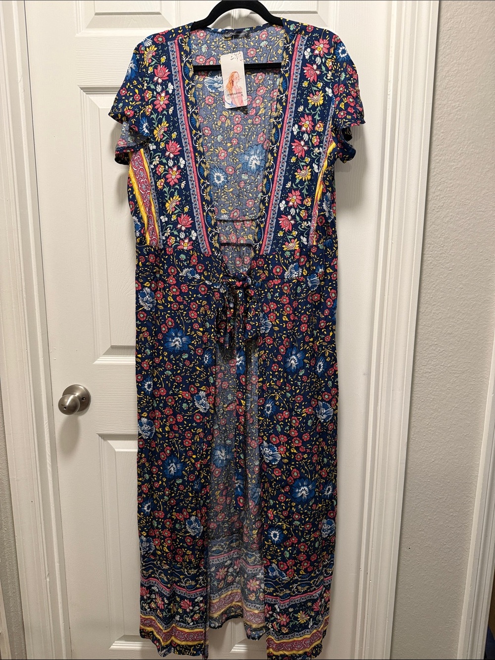 PrettyGarden Floral Print Duster - Blue with Pink & Yellow Flowers